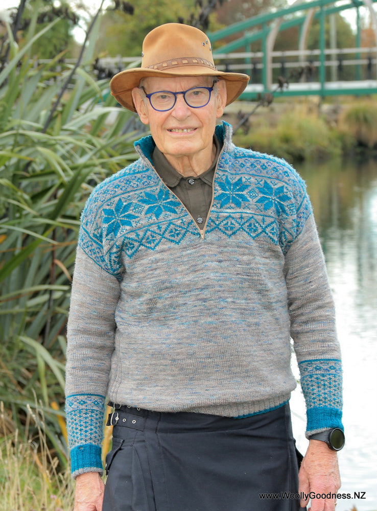 
                  
                    Sweater knitted in Sand Drift and Ocean Green modelled by Mr Woolly Goodness aka Ross
                  
                
