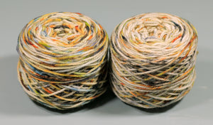 
                  
                    Two skeins of multicolored yarn on a gray background
                  
                